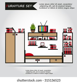 Illustration of furniture, interior. Bed, case, box with books, folders, plant, clock, alarm, web icon, vector.