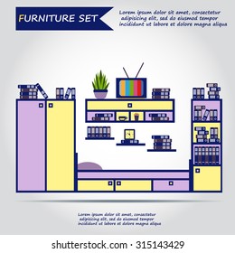 Illustration of furniture, interior. Bed, case, box with books, folders, plant, clock, alarm, web icon, vector.