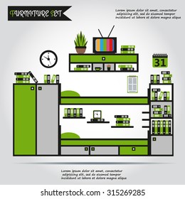 Illustration of furniture, interior. Bed, case, box with books, folders, plant, clock, alarm, web icon, vector. Sleeping room. Bedroom.