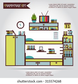 Illustration of furniture, interior. Bed, case, box with books, folders, plant, clock, alarm, web icon, vector. Sleeping room. Bedroom.