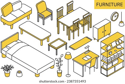 Illustration of furniture needed for new life, simple isometric, Vector Illustration