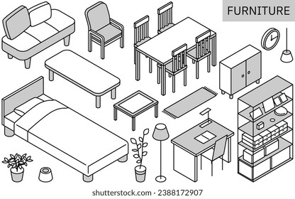 Illustration of furniture needed for new life, simple isometric, monochrome, Vector Illustration