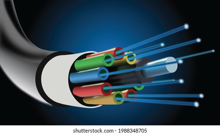 Ilustración de futuras capas y componentes de cable de fibra óptica. Tecnología de cable óptico para Internet y conexión