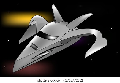 illustration of a future spaceship in space, against the background of stars, colorful lights