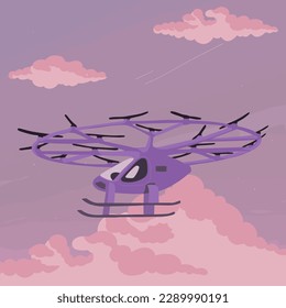 Illustration of Future Urban Air Mobility (UAM) Concept
- A flying taxi, also known as UAM, is flying in the purple-tinted evening sky.