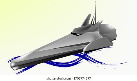 illustration of a future watercraft earthrace, long form, on a white background, floating on the water