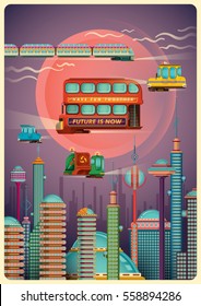 Ilustração de uma cidade futurista com edifícios, arranha-céus, torres, vários veículos levitantes e céu. Ilustração vetorial.