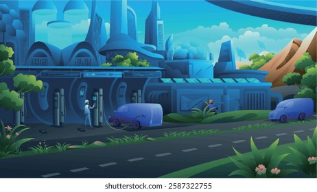 Illustration of a futuristic cityscape with modern buildings, electric vehicles, and renewable energy sources, showcasing a clean and advanced urban environment.