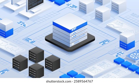 Illustration of a futuristic data center with interconnected servers, data blocks, and digital interfaces. Emphasizing centralized data storage, advanced analytics, and network infrastructure.