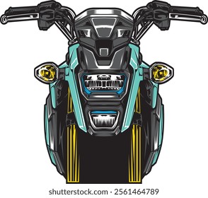 Illustration of a futuristic motorcycle front view, showcasing sleek design and innovation. Perfect for enthusiasts of modern engineering and cutting-edge style