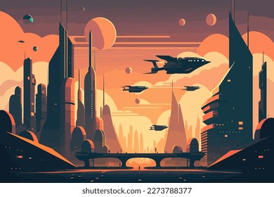 Illustration of the futuristic technological city, 2d vector flat Eps 10 