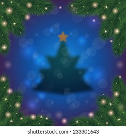 Illustration of fuzzy Christmas tree with top star, fir tree branches frame and bokeh background 