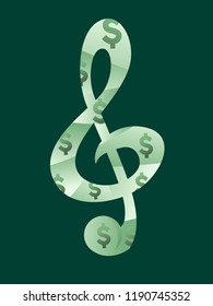 Ilustración de una nota musical de G Clef con el cartel en dólares dentro. Recaudación de fondos de música