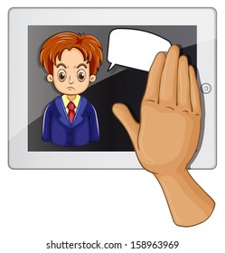 Illustration of a gadget with an angry man having an empty rectangular callout on a white background
