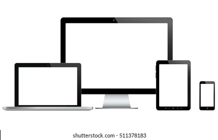 Illustration of gadgets such as monitor, phone, laptop, and tablet on white background. Vector illustration