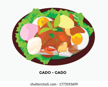 illustration of gado-gado, boiled vegetables are given peanut sauce and crackers