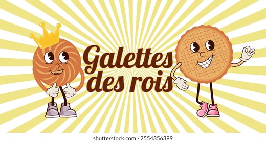 illustration of Galette des Rois groovy characters with smiles, wearing a crown, on a retro striped background. Suitable for festive, cultural or children's projects on the theme of Epiphany.