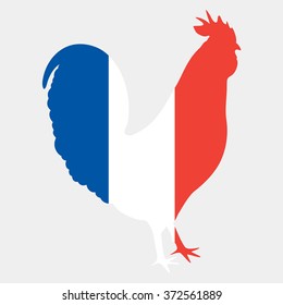 Illustration of gallic rooster in french flag colors. Silhouette of symbol of France le Coq Gaulois in tricolor isolated on a light grey background. Fully editable image for use as a poster or logo.