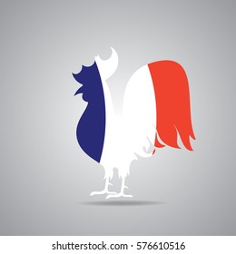 Illustration of gallic rooster in french flag colors. Silhouette of symbol of France le Coq Gaulois in tricolor isolated on a light grey background. Fully editable image for use as a poster or logo.