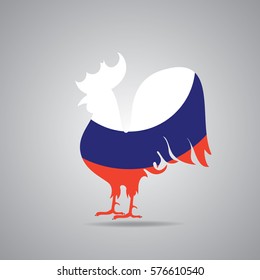 Illustration of gallic rooster in french flag colors. Silhouette of symbol of France le Coq Gaulois in tricolor isolated on a light grey background. Fully editable image for use as a poster or logo.