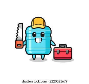 Illustration of gallon water bottle character as a woodworker , cute design
