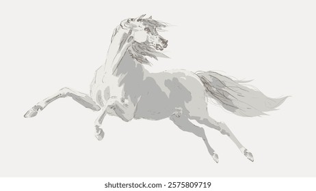 Illustration of a galloping white horse with flowing mane and tail. The horse is in motion, showcasing its dynamic and graceful form in a minimalist style. Vintage art drawing illustration vector.