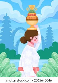 illustration of Galungan Kuningan festival with beautiful Balinese woman bring ritual offerings. Happy galungan kunigan day. can be used for banner, poster, web, social media, greeting card, postcard.