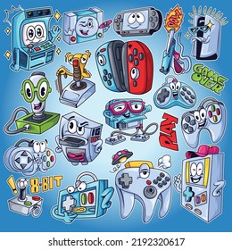 illustration of game console that use analogues from ancient times today ,with various different action.