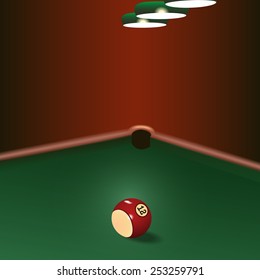 Illustration of game on green cloth with billiard ball