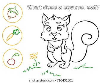 Illustration - game. What does the animal eat? Make a choice: a nut, a carrot or a cherry?
