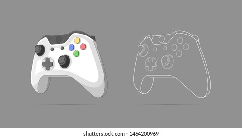 Illustration of gamepad, controller, input device. Console gaming, video games, entertaiment, arcade. Retro Gaming controller line and color drawing. Flat style, colorful, vector illustration.