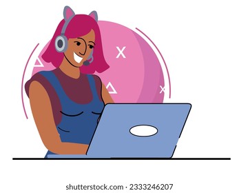 illustration of a gamer girl playing on the computer, Gamer girl colorful seamless pattern. Vector illustration flat style.