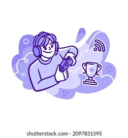 Illustration of a gamer guy who broadcasts how he plays games. He has gaming headphones with a microphone on his head, and a gaming joystick in his hands.