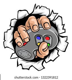 An illustration of gamer hand holding a video game controller breaking wall or background