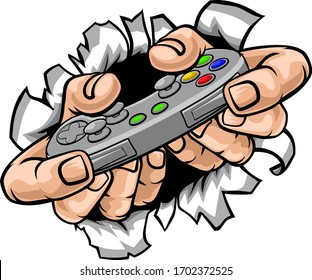 An illustration of gamer hands holding a video game controller breaking wall or background