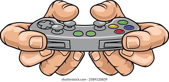 An illustration of gamer hands holding a video game controller breaking wall or background