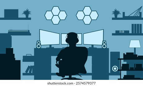 Illustration of a gamer playing video games in the gaming room. Vector illustration of hobby with room and interior for gaming setup. Room with computer,  monitor, audio and video game equipment