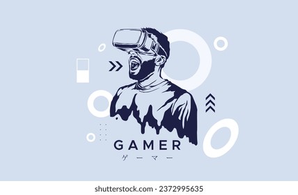 illustration of a gamer playing a virtual game with abstract objects decorated around him. game lover