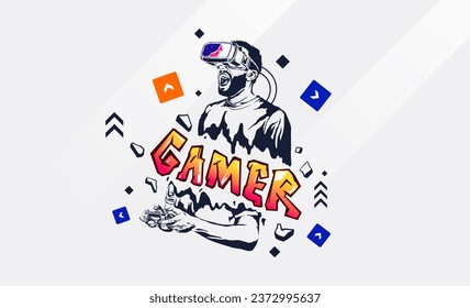 illustration of a gamer playing a virtual game with abstract objects decorated around him. game lover