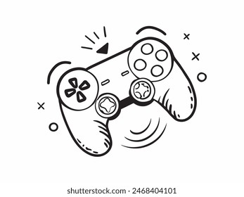 Illustration of a gaming controller with dual analog sticks, black and white outline design