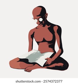 Illustration of a Gandhi, wearing glasses. The man is bald, focused on a book. Bald man with glasses, immersed in reading. Vintage Gandhi illustration isolated on white background, vector.