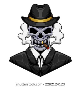 Illustration of gangster mafia human skull character wearing suit and smoking cigar