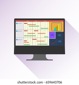 Illustration of a Gantt chart, used in project management, one of the most popular method of showing tasks or events displayed against time. represents a graphical depiction of a project schedule