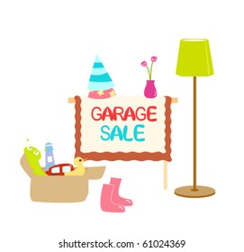 Illustration of garage sale items with sign./Garage Sale