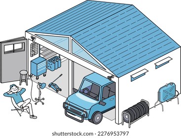 It is an illustration of a garage where a custom car is parked.