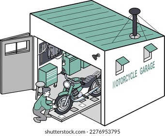 It is an illustration of a garage where a motorcycle is parked.