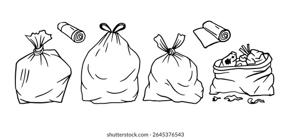 Illustration of garbage bags, trash rolls, filled and tied, showing waste disposal methods, household cleaning, and proper garbage management.