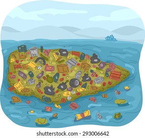 Illustration Of A Garbage Patch Full Of Trash In The Middle Of The Ocean