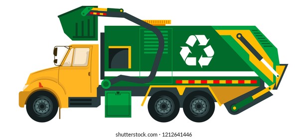 Illustration of garbage truck when pick the trash at the house