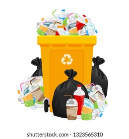 illustration garbage waste and bag plastic and yellow recycle bin isolated on white, pile of plastic garbage waste many, plastic waste dump and bin yellow, plastic waste and bin separation recycle